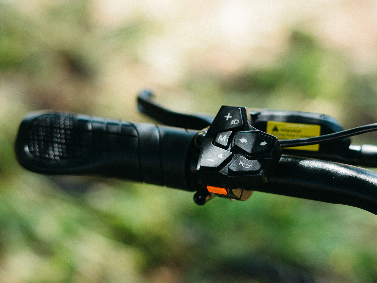 Close-up of an ebike handlebar grip, control buttons, and thumb lever