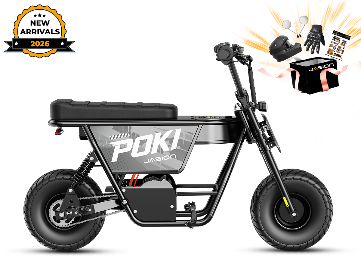 Black Jasion Poki Electric Mini Bike in side profile with launch gift box graphics