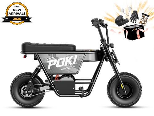 Black Jasion Poki Electric Mini Bike in side profile with launch gift box graphics