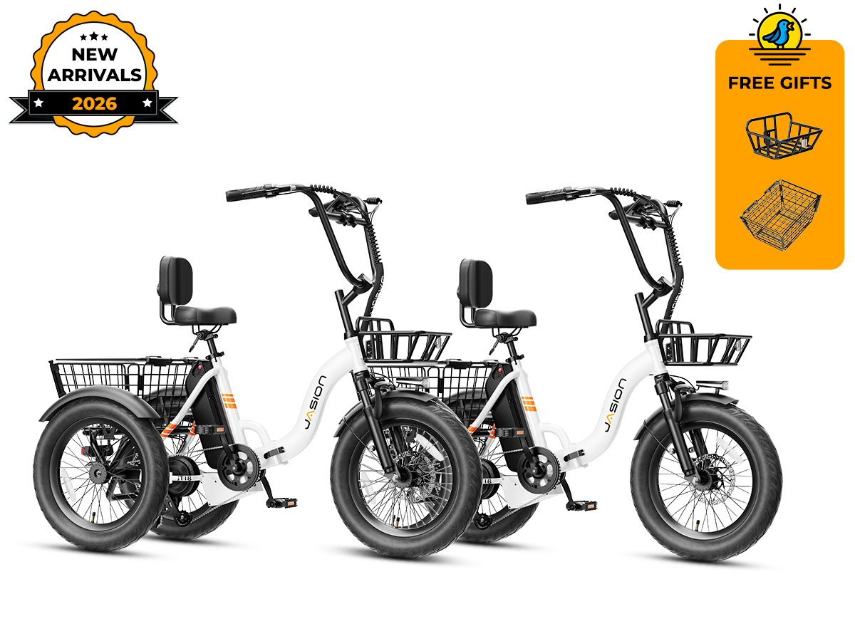 Two white folding 3 wheel electric bikes with front and rear baskets – New Arrivals 2026