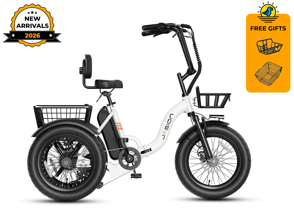 White folding 3 wheel electric bike with front and rear baskets – three-quarter front view