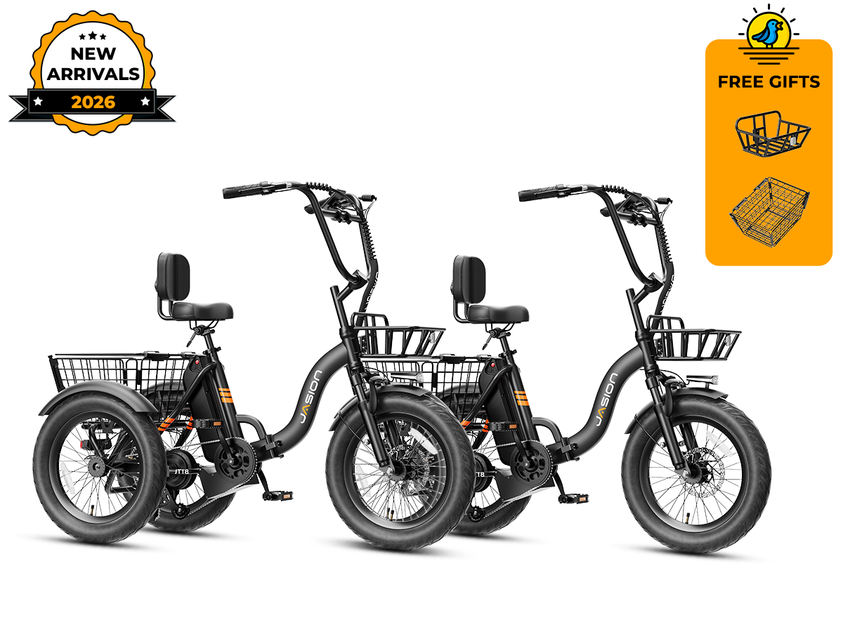 Two black folding electric trikes for adults with front and rear baskets – New Arrivals 2026