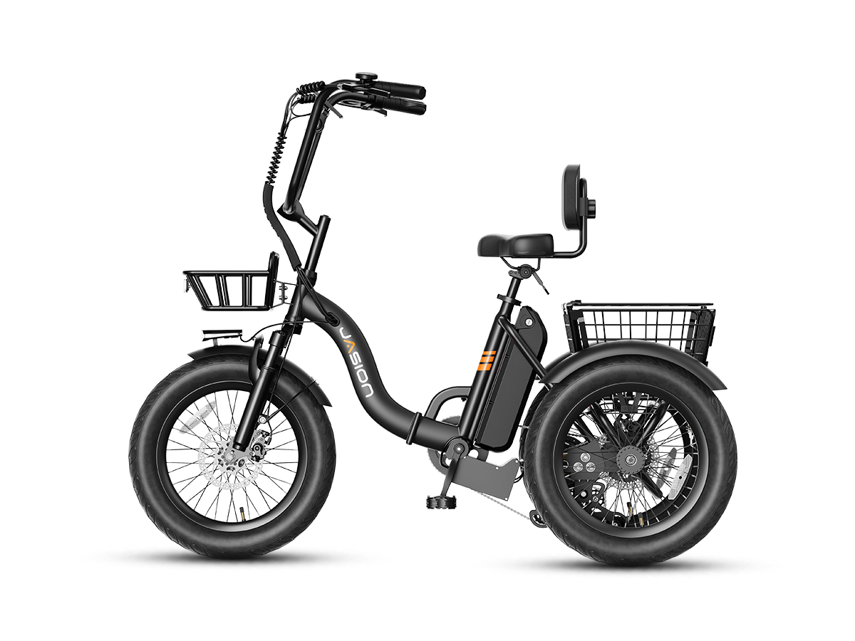 Black electric trike for adults – full side profile with low step frame and backrest