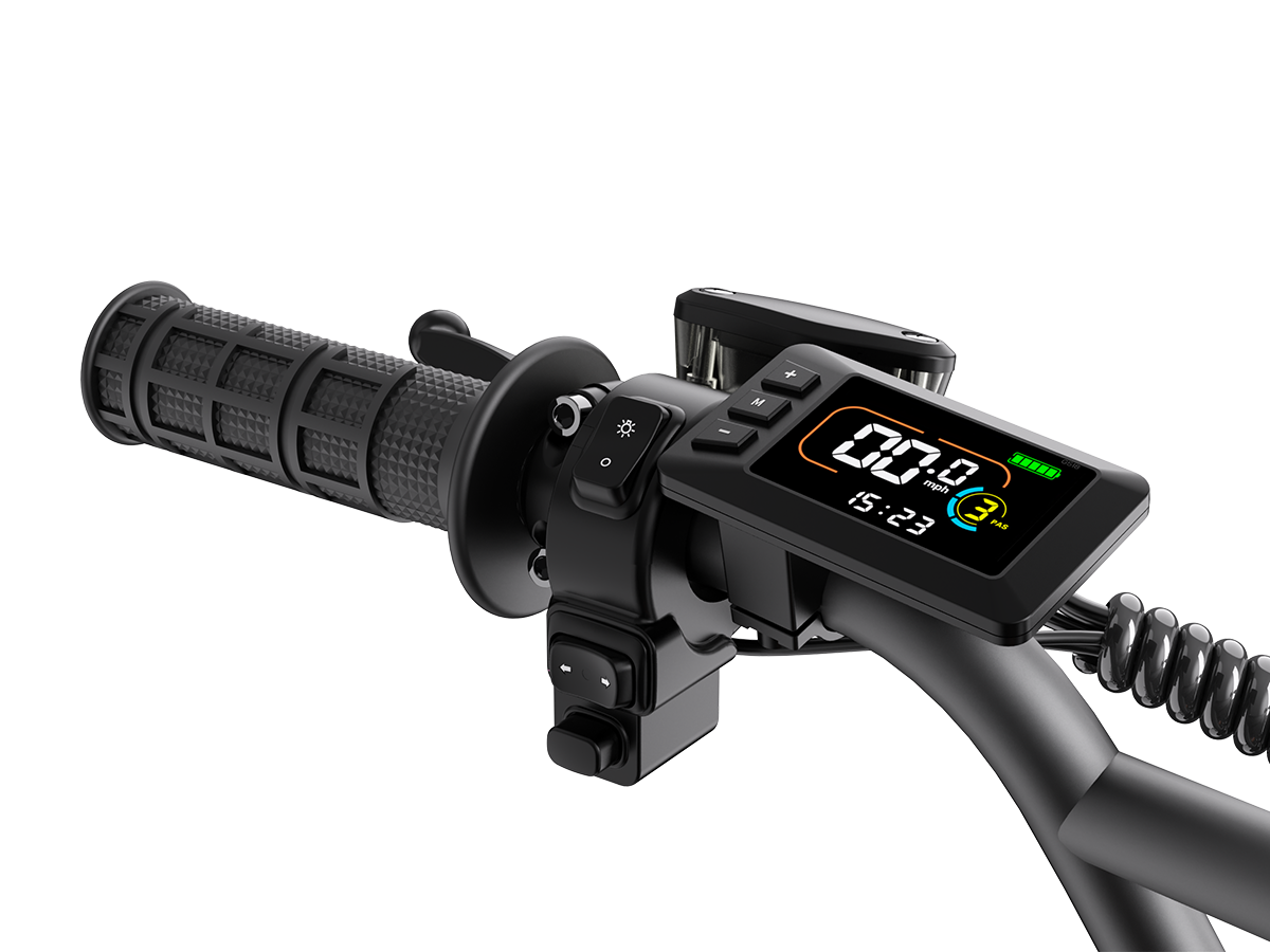 Jasion Poki Electric Mini Bike handlebar display showing speed, battery status and ride mode beside control buttons
