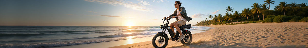 Jasion moped-style electric bike ridden along sandy beach at sunset with palm trees, retro ebike for coastal lifestyle