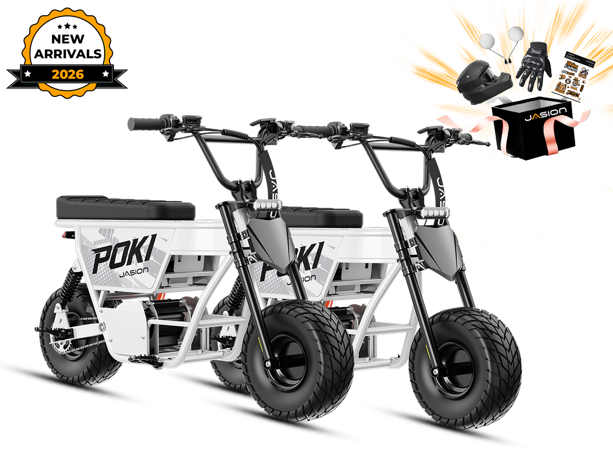 Jasion Poki Electric Mini Bike 2-pack with two white bikes and launch gift box graphics