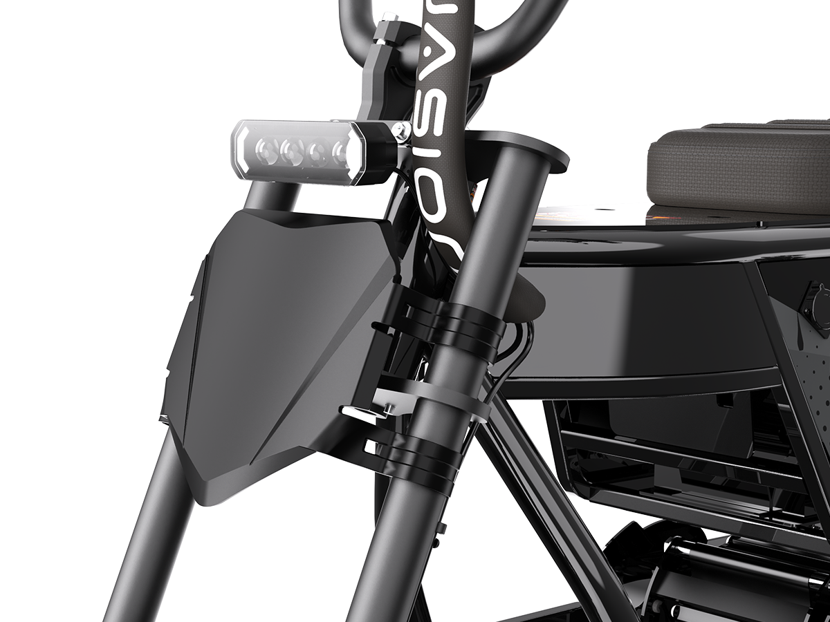 Close-up of the Jasion Poki Electric Mini Bike front fork, headlight and front number plate