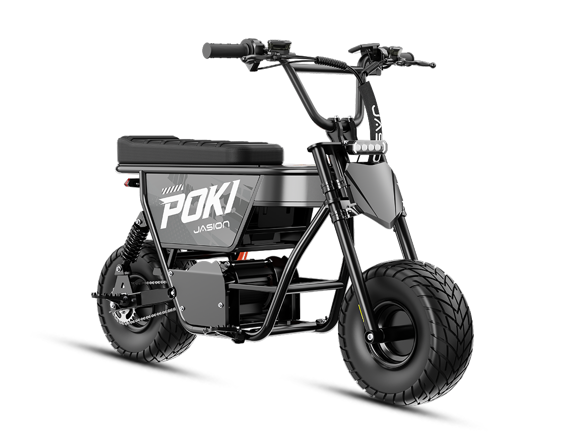 Black Jasion Poki Electric Mini Bike in front three-quarter view with chain drive visible