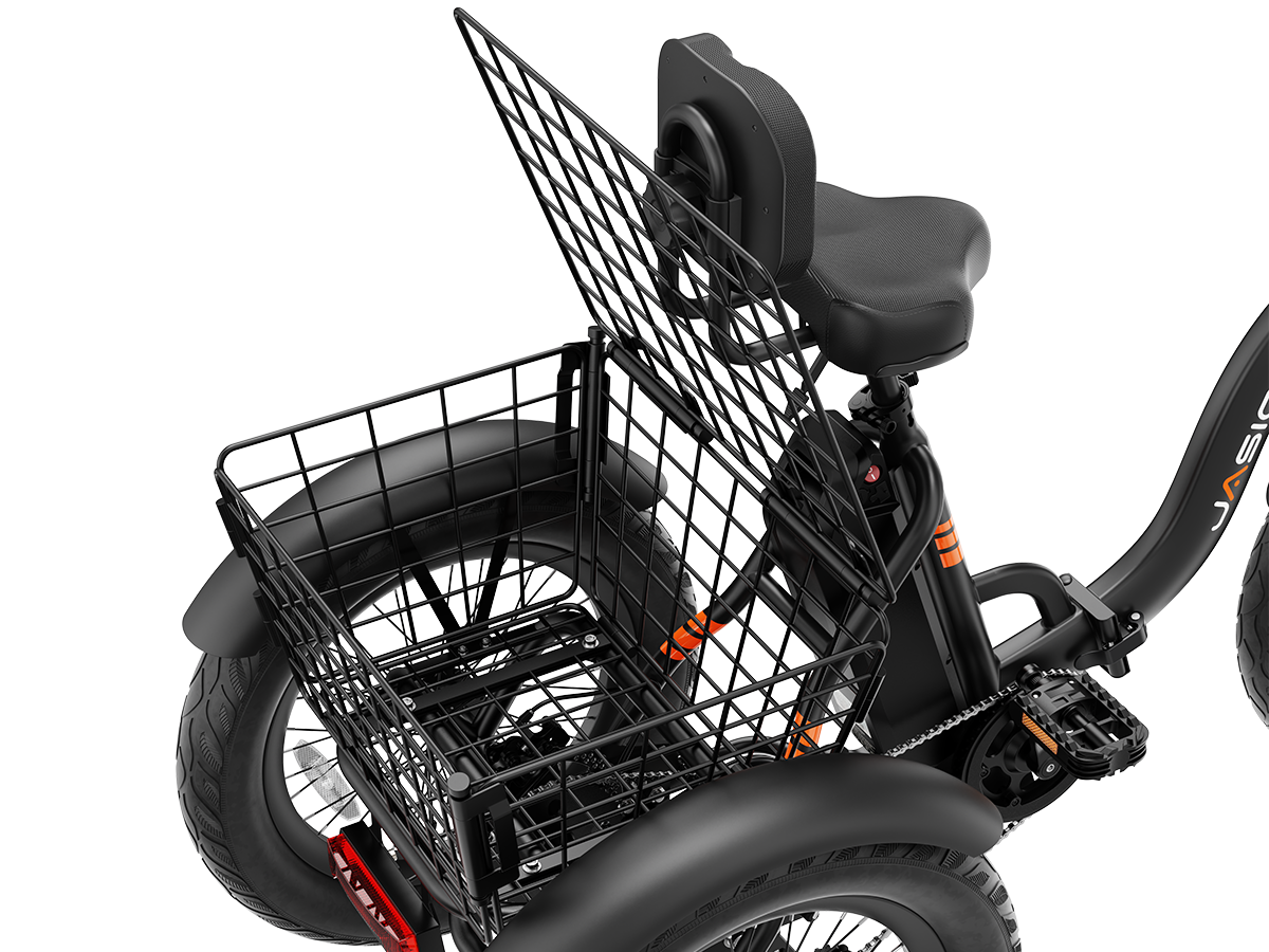 Large rear wire cargo basket accessory for a folding electric trike