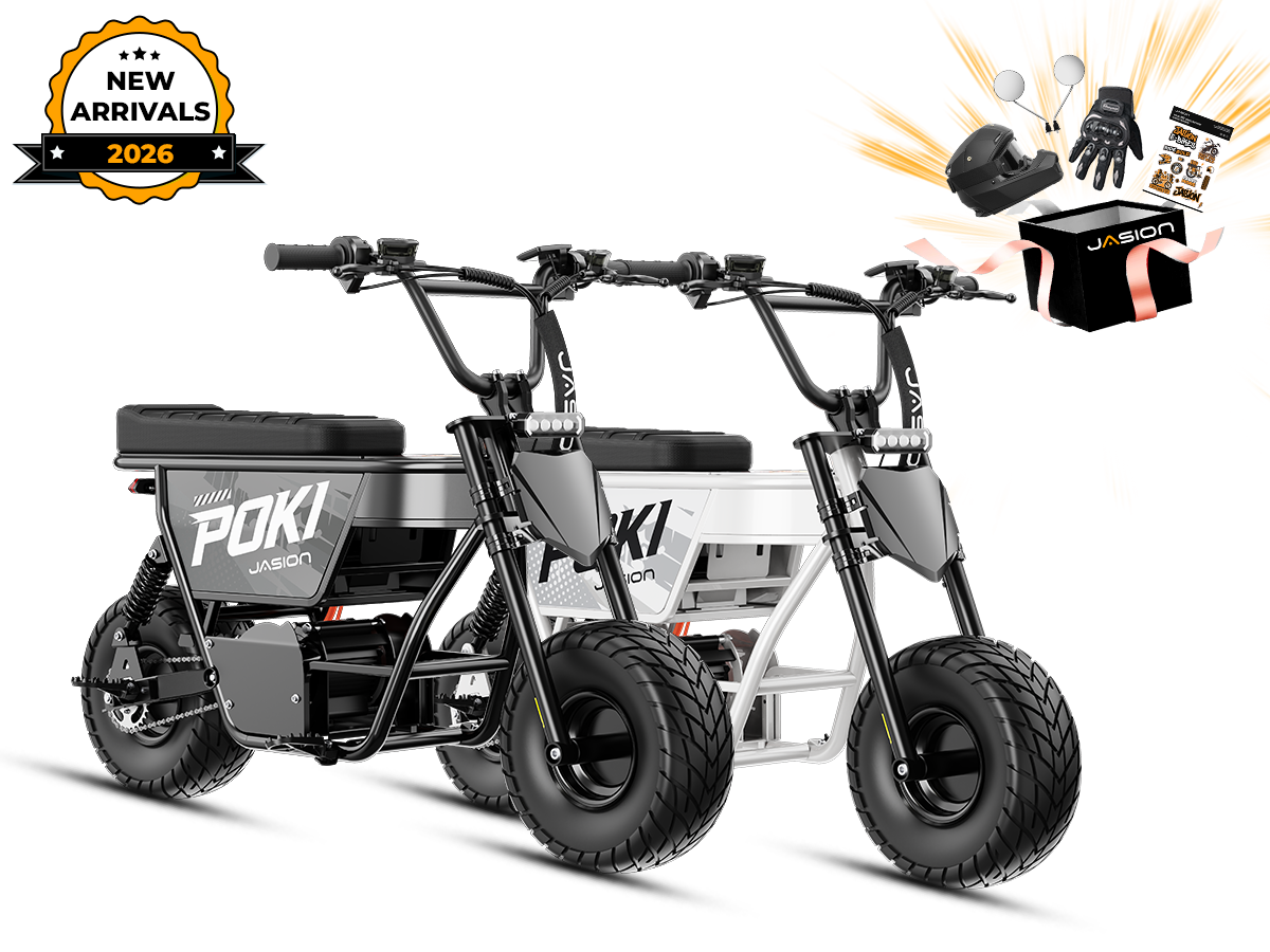 Jasion Poki Electric Mini Bike 2-pack in black and white with launch gift box graphics