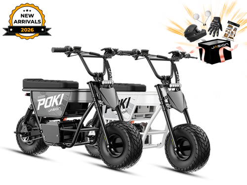 Jasion Poki Electric Mini Bike 2-pack in black and white with launch gift box graphics