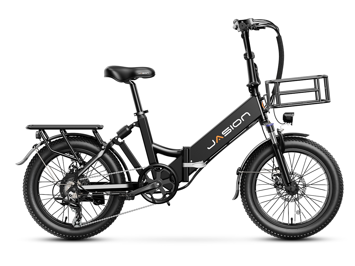 JasionBike EB7 ST with front basket installed in black side view