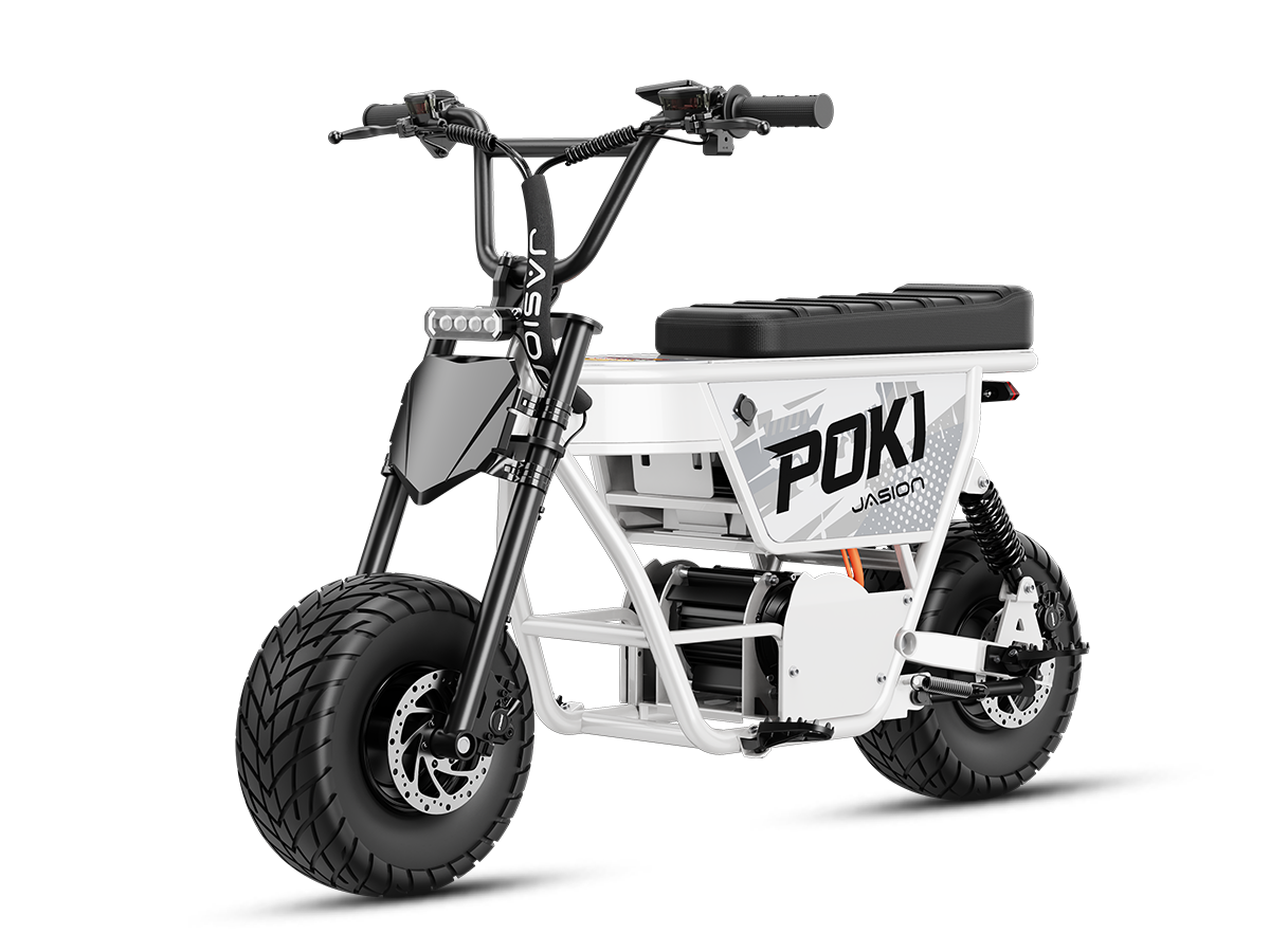 White Jasion Poki Electric Mini Bike in front three-quarter view with disc brakes visible
