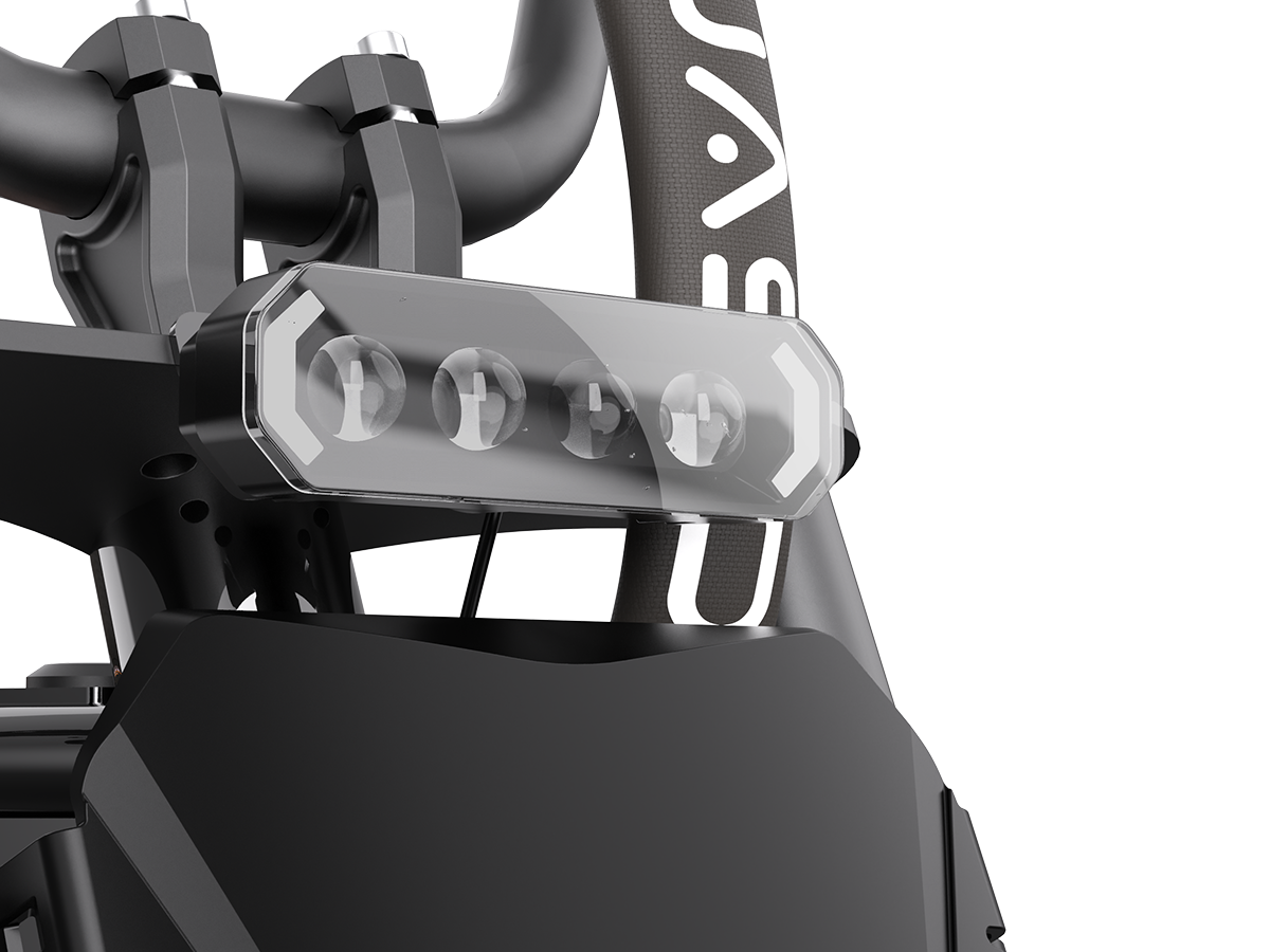 Close-up of the Jasion Poki Electric Mini Bike headlight mounted below the handlebar