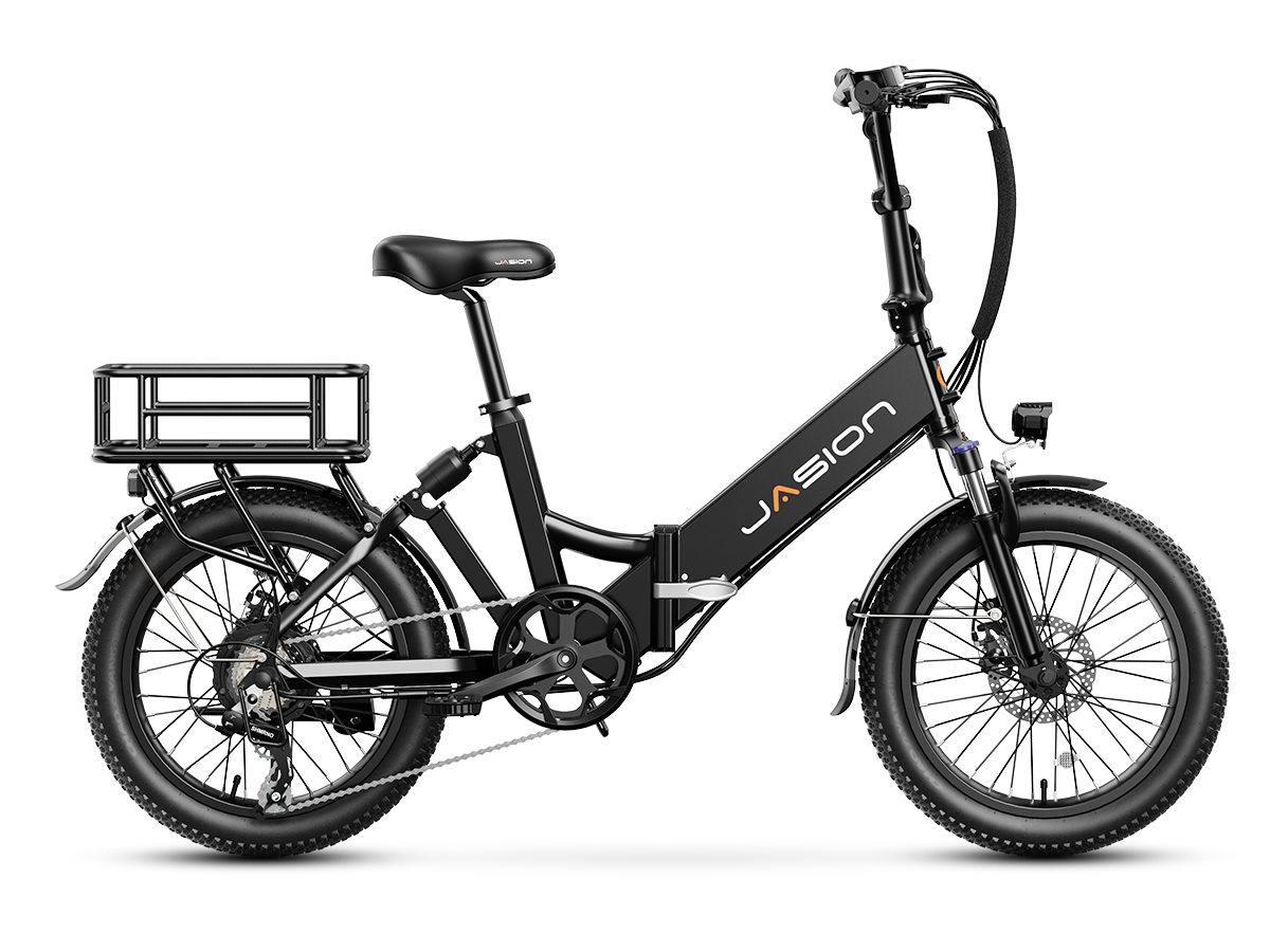 JasionBike EB7 ST with rear cargo basket installed in black side view