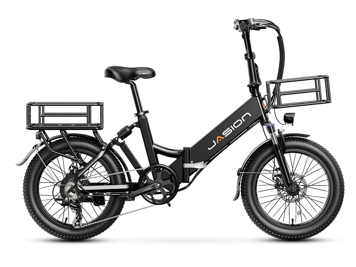 JasionBike EB7 ST with front and rear cargo baskets installed in black side view