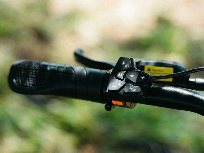 Close-up of an ebike handlebar grip, control buttons, and thumb lever