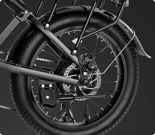 Close-up of a Jasion ebike rear wheel with a mechanical disc brake and rotor