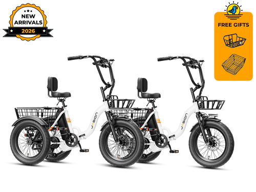 Two white folding 3 wheel electric bikes with front and rear baskets – New Arrivals 2026