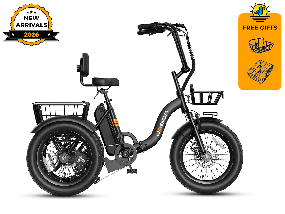 White electric tricycle for adults – front three-quarter view with front basket and headlight