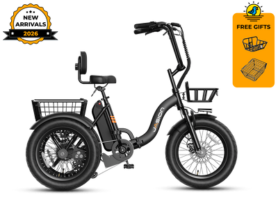 White electric tricycle for adults – front three-quarter view with front basket and headlight