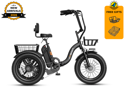 White electric tricycle for adults – front three-quarter view with front basket and headlight