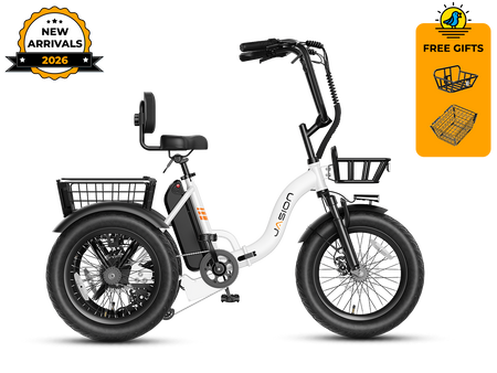 White folding 3 wheel electric bike with front and rear baskets – three-quarter front view
