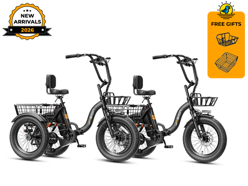 Two black folding electric trikes for adults with front and rear baskets – New Arrivals 2026
