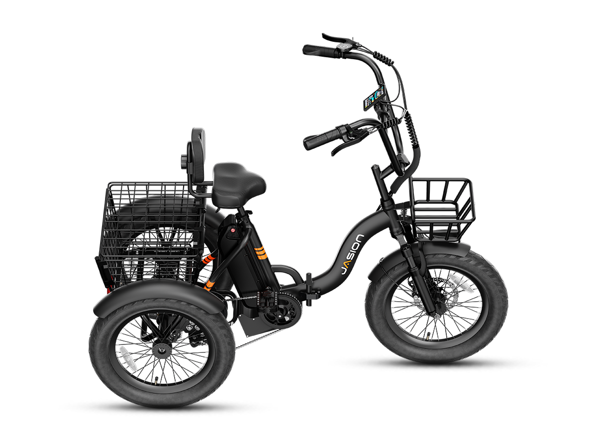 Black electric tricycle for adults – front three-quarter view with front basket and headlight