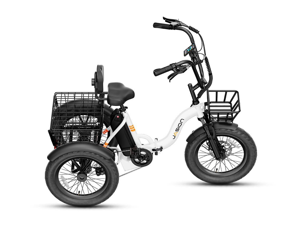 Black folding 3 wheel electric bike with front and rear baskets – three-quarter front view