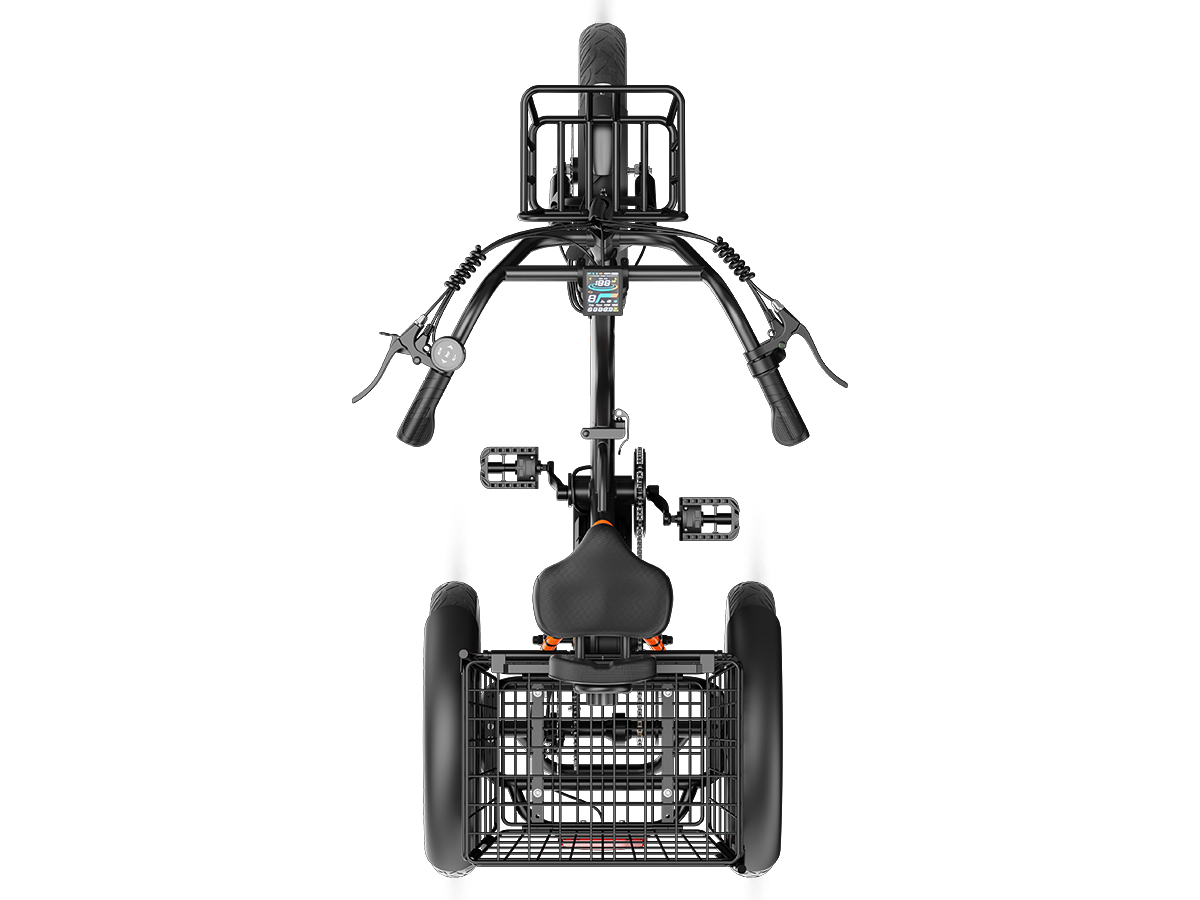 Top-down view of a black 3 wheel electric bike showing handlebar, seat, pedals, and rear basket