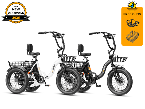 White and black folding electric trikes for adults shown together with free gift baskets – New Arrivals 2026