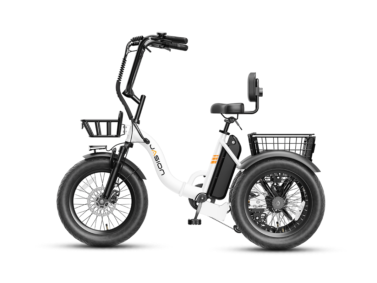 Black folding electric trike for adults – full side profile with fat tires