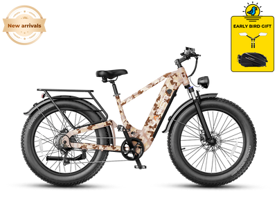 JasionBike Thunder Pro Desert Camo fat tire ebike – full side view with rear rack and pannier bag