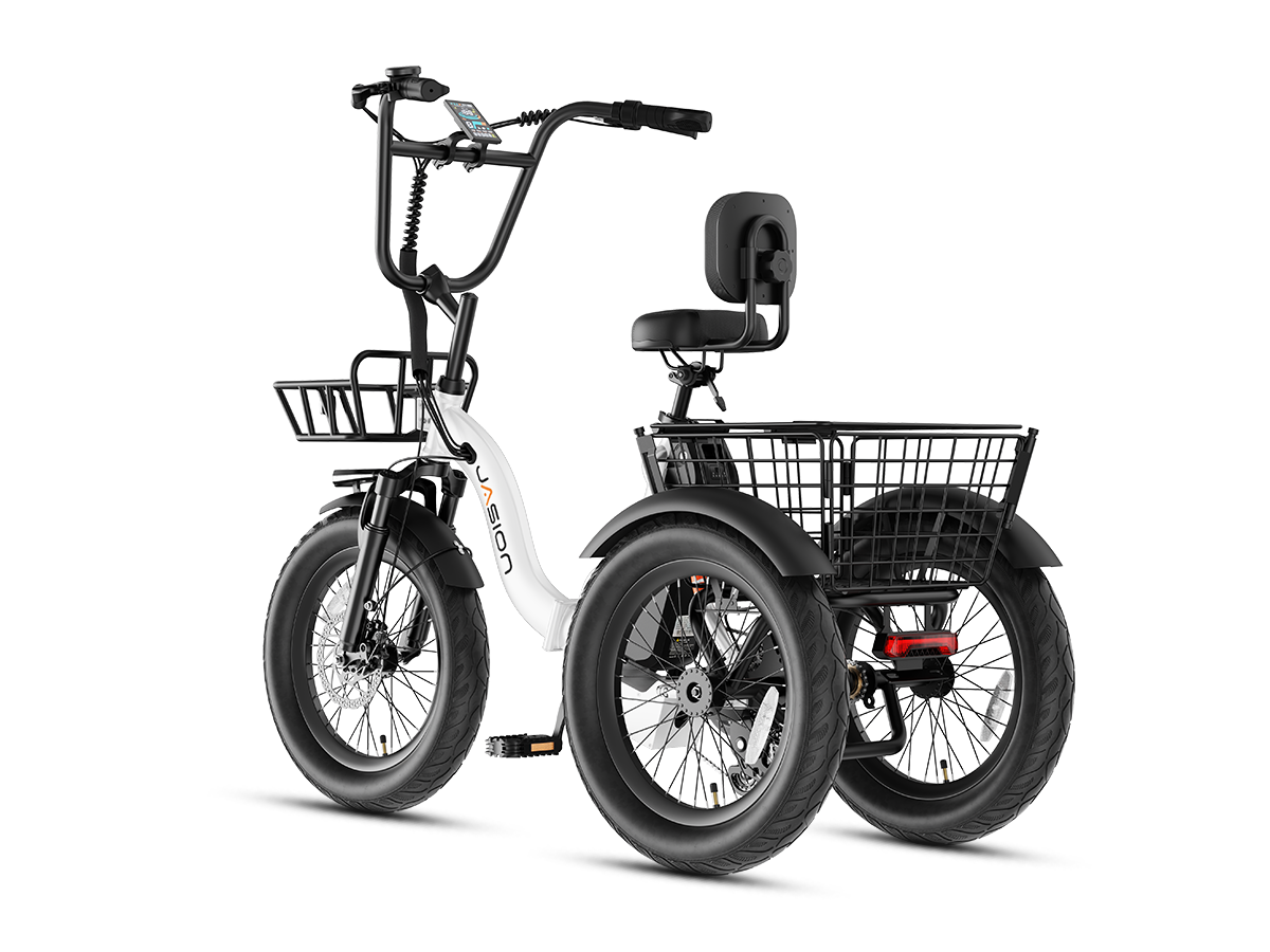White 3 wheel electric bike rear three-quarter view showing dual rear wheels and cargo basket
