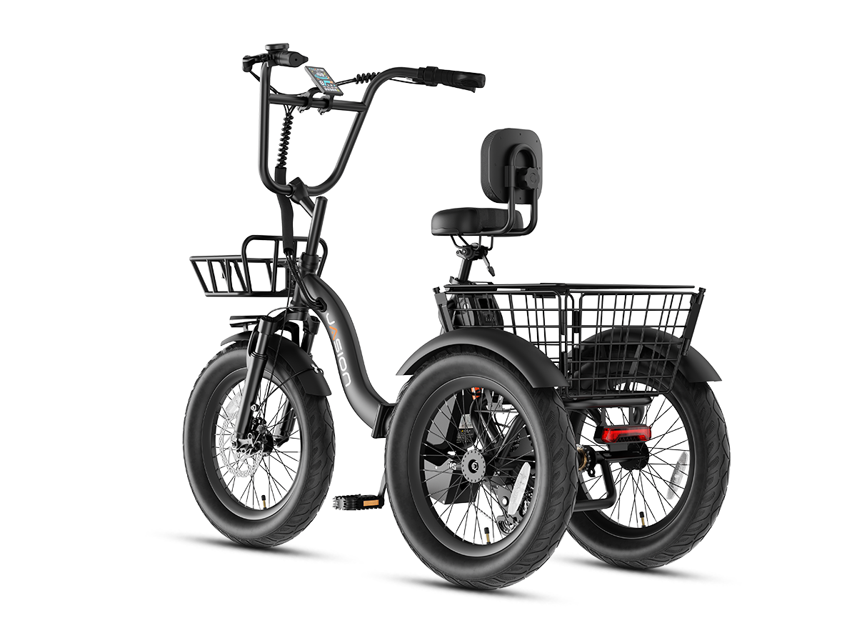 Black 3 wheel ebike – front three-quarter view with fat tires and rear cargo basket