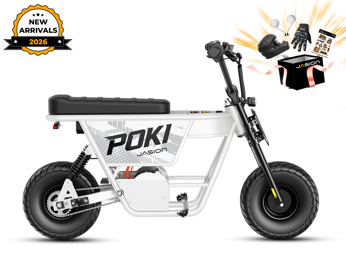 White Jasion Poki Electric Mini Bike in side profile with launch gift box graphics