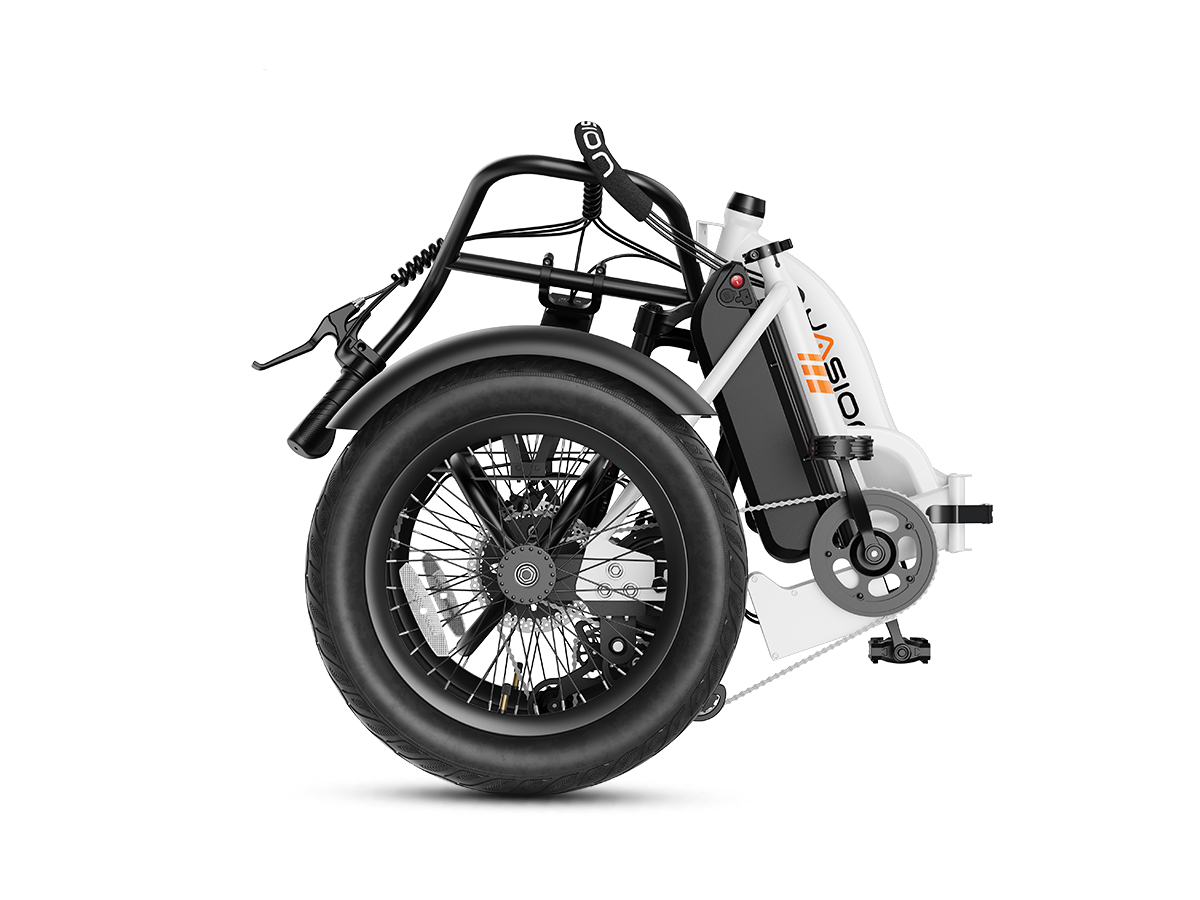 Black 3 wheel electric bike rear three-quarter view showing dual rear wheels and cargo basket