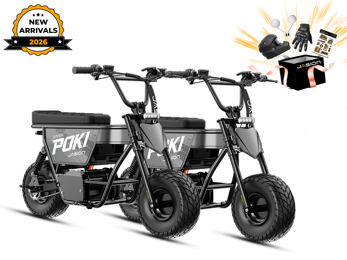 Jasion Poki Electric Mini Bike 2-pack with two black bikes and launch gift box graphics