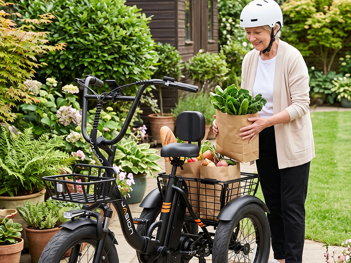 Adult loading groceries into the rear basket of a black 3 wheel electric bike in a garden