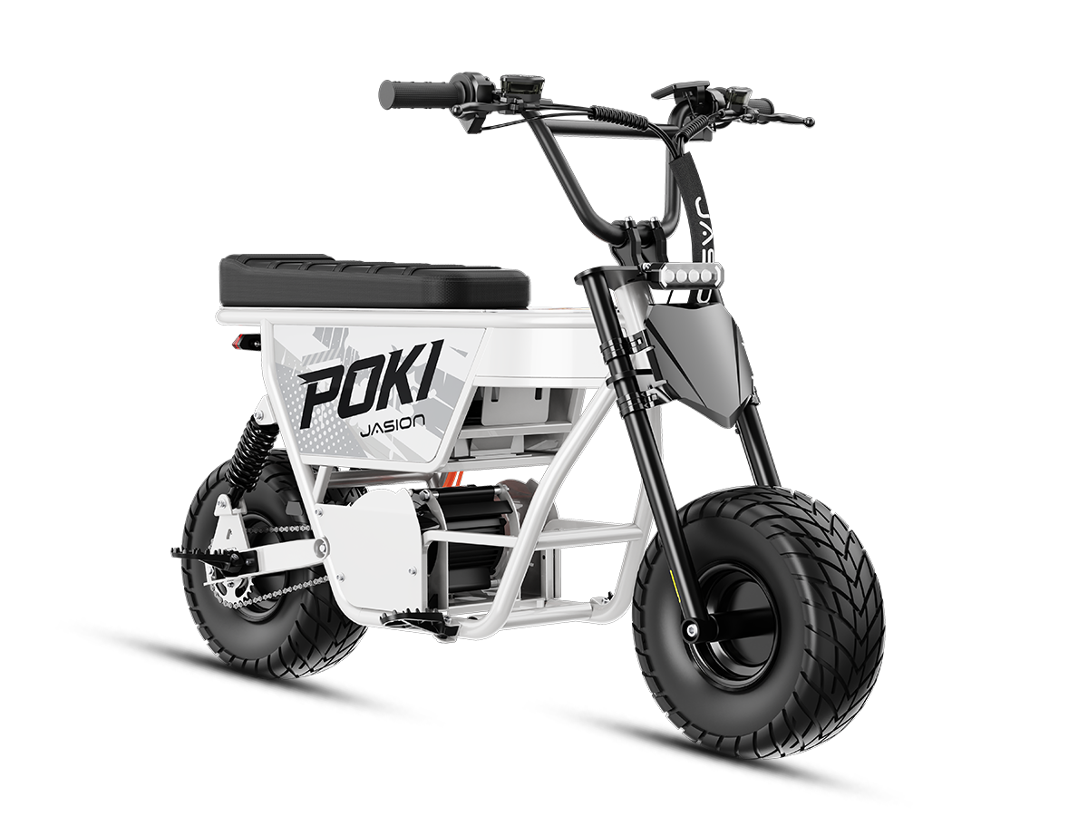 White Jasion Poki Electric Mini Bike in front three-quarter view with chain drive visible