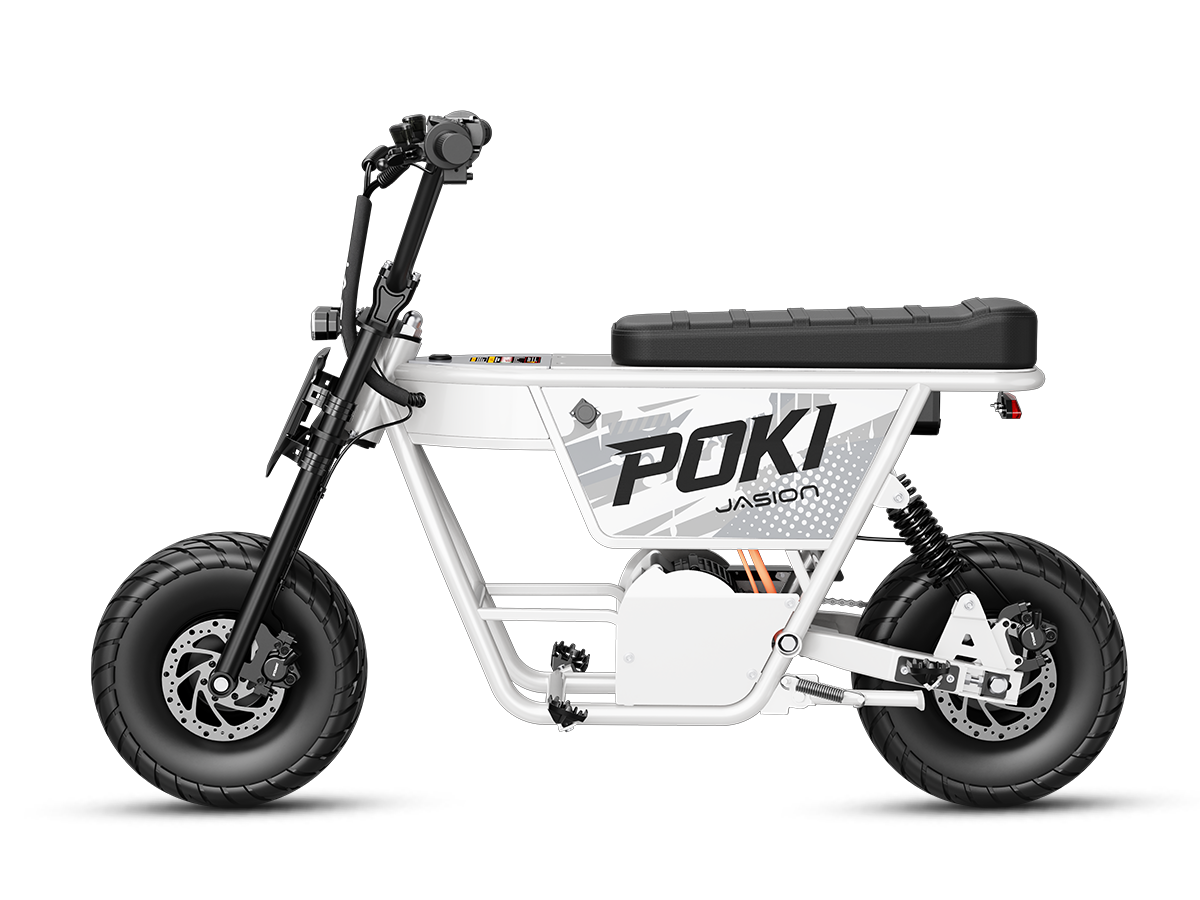 Side profile of the white Jasion Poki Electric Mini Bike showing its frame, seat and disc brakes