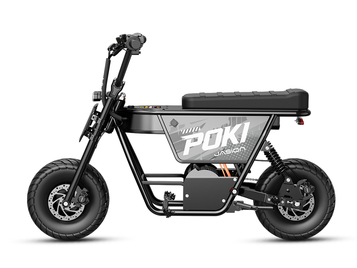 Side profile of the black Jasion Poki Electric Mini Bike showing its frame, seat and disc brakes