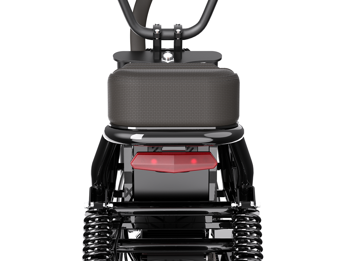 Rear view of the Jasion Poki Electric Mini Bike showing the seat, taillight and twin rear springs