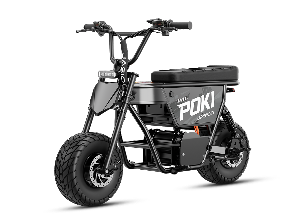 Black Jasion Poki Electric Mini Bike in front three-quarter view with disc brakes visible