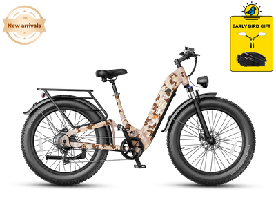 JasionBike Thunder Pro ST fat tire ebike in Desert Camo – full side view with rear rack and pannier bag