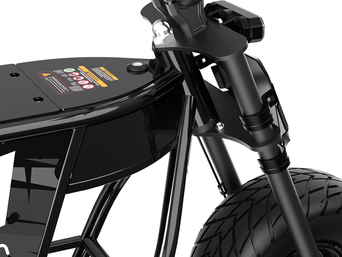 Close-up of the black Jasion Poki Electric Mini Bike upper frame, round button and front fork
