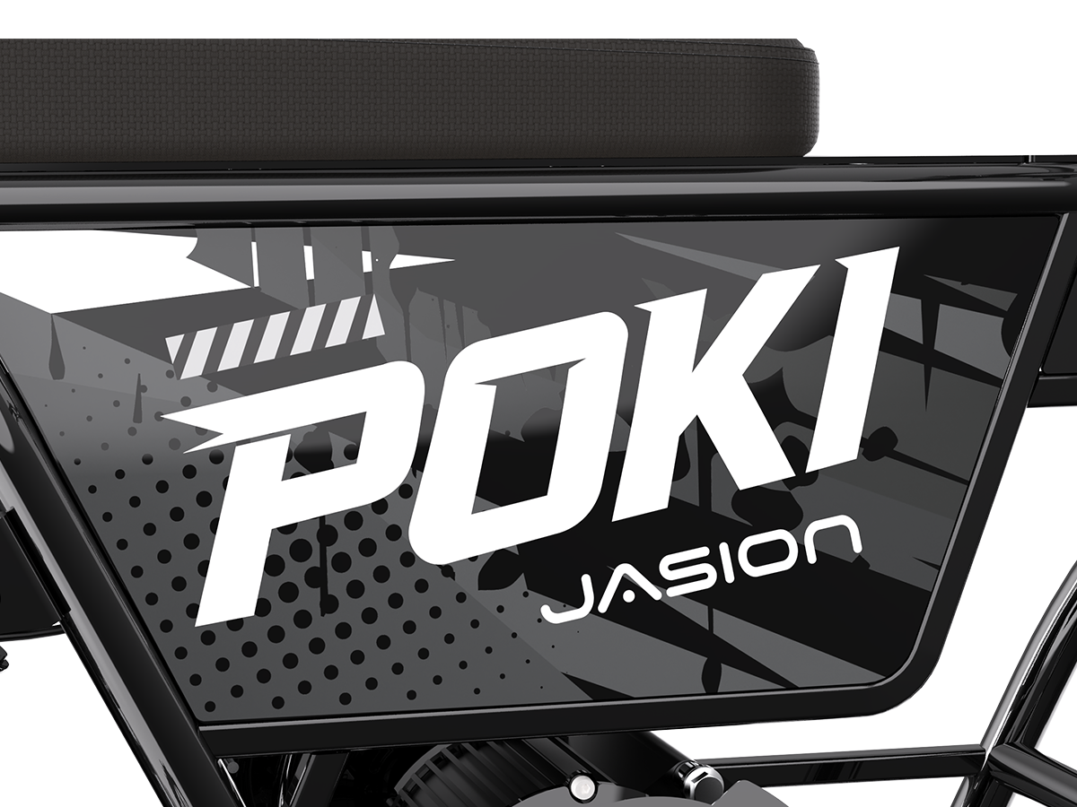 Close-up of the black Jasion Poki Electric Mini Bike seat and graphic side panel