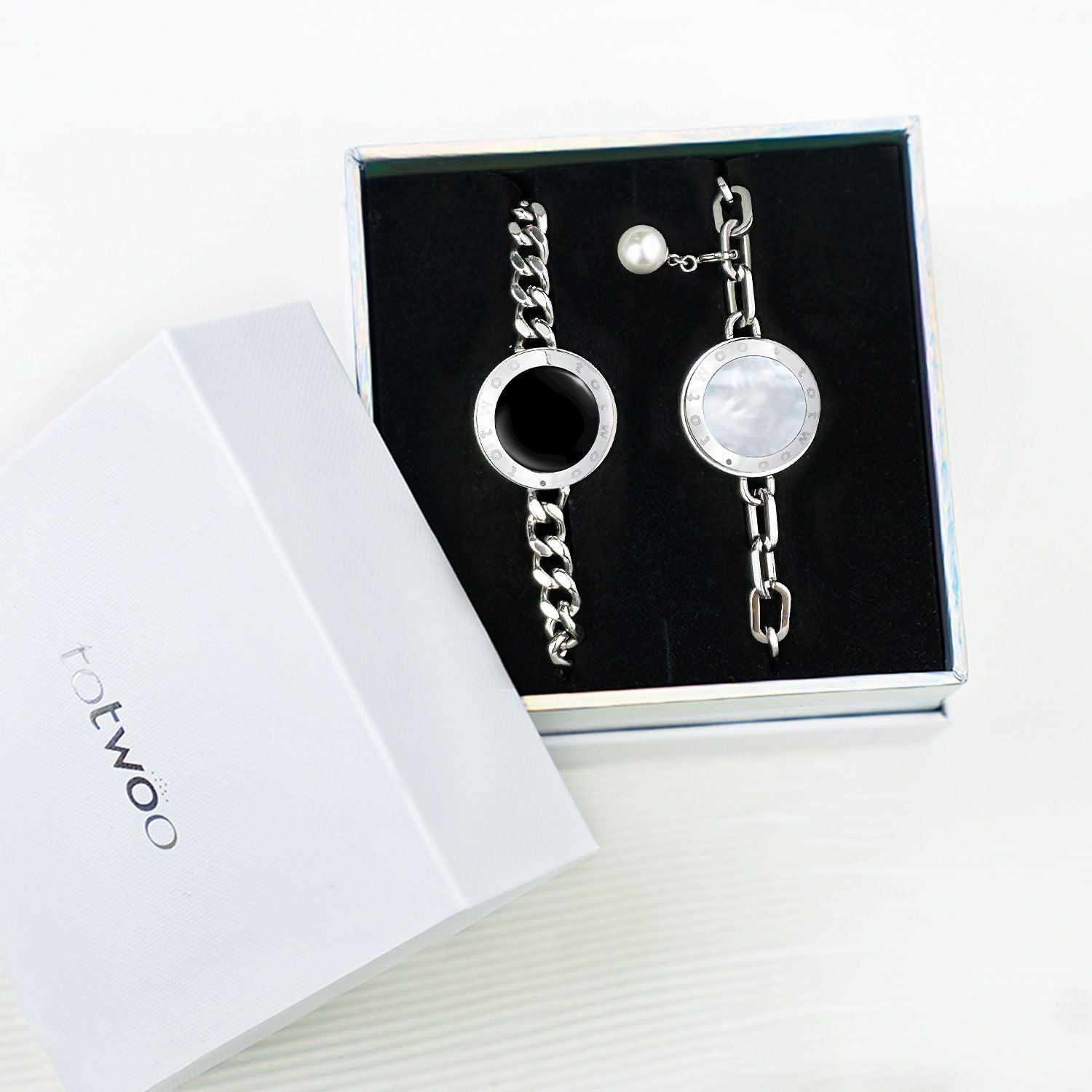 TOTWOO Soulmate 2.0 Touch Bracelets(Silver Cuban Chain+Silver Figaro Chain)