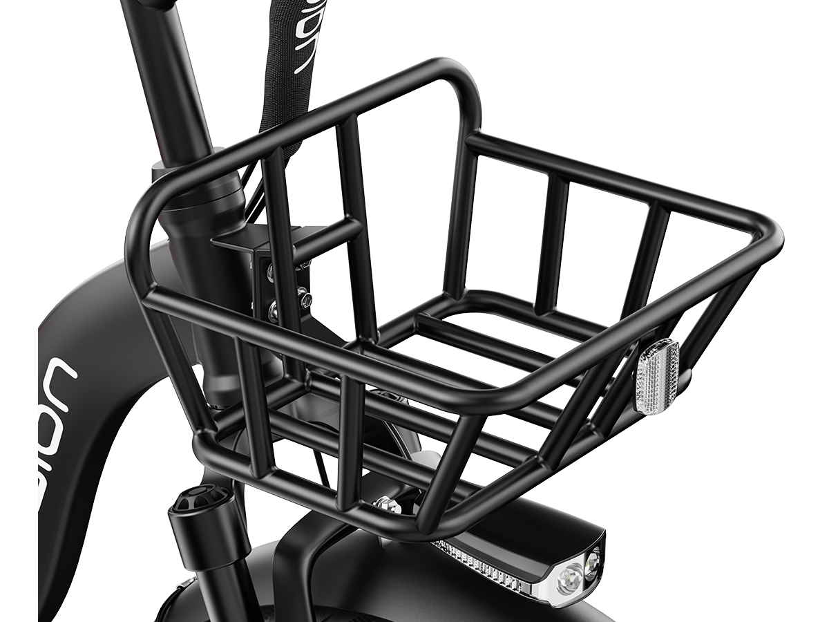 Front wire basket with headlight on a folding electric trike